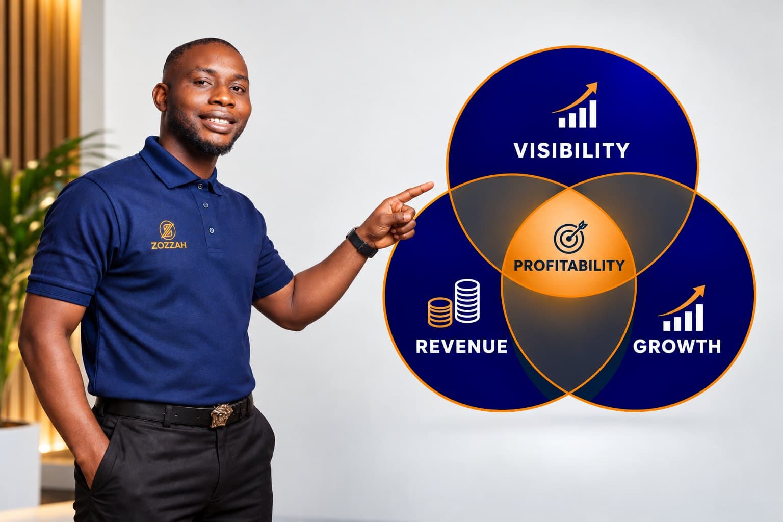 John Akande pointing to the Zozzah growth model: visibility, revenue and growth meeting at profitability